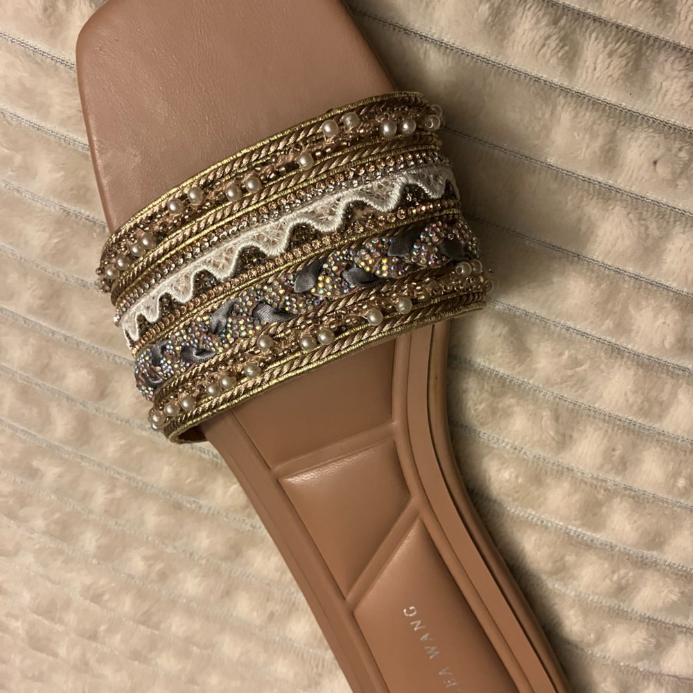 Embellished Tan Slide Sandals